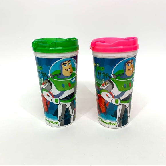 Disney World Set Of Two Neon Whirley Travel Mugs With Handles Buzz Cars Nemo - Picture 2 of 16